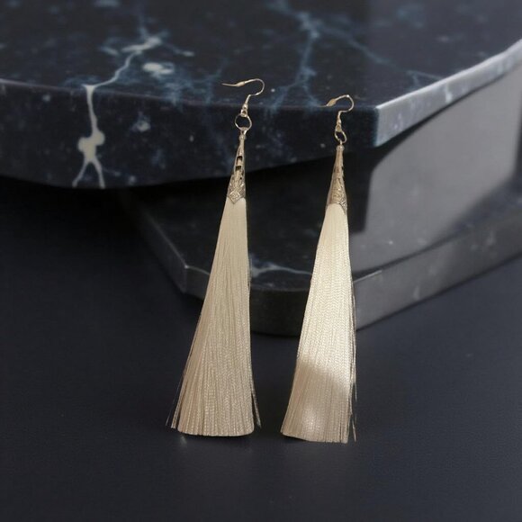 Long White Tassel Earrings~ 3 inches long w silver hooks - Picture 4 of 4